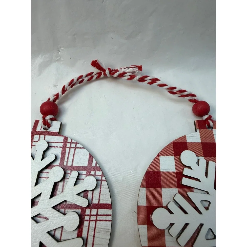 4pc Red White Wooden Snowflake Christmas Ornaments Plaid Polka Dot Striped Decor